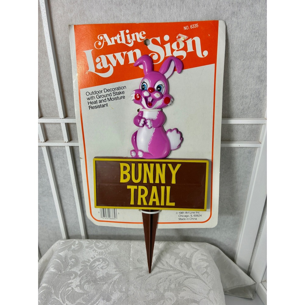 VTG 1981 Art Line Bunny Trail Lawn Sign Easter Outdoor Stake Decor No 6335